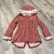 Little Lass Floral Hooded Jacket Faux Fur Trimmed Pockets Girls Size 6
