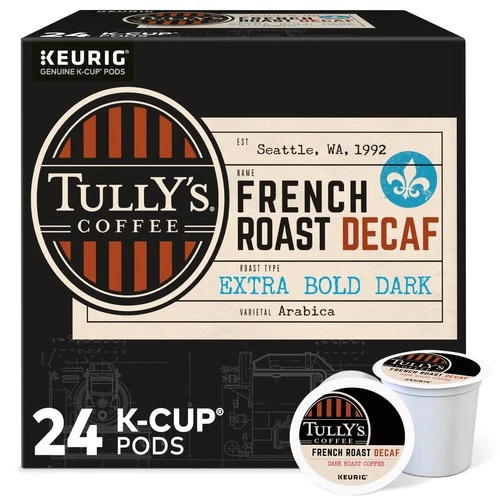Tully's Coffee French Roast Decaf, Keurig K-Cup Pods, Dark Roast, 24 Count