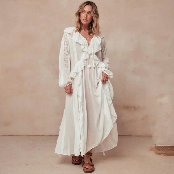 SPELL Fleur Lace Gown Size L Large White Long Ruffle Dress Romantic Bridal