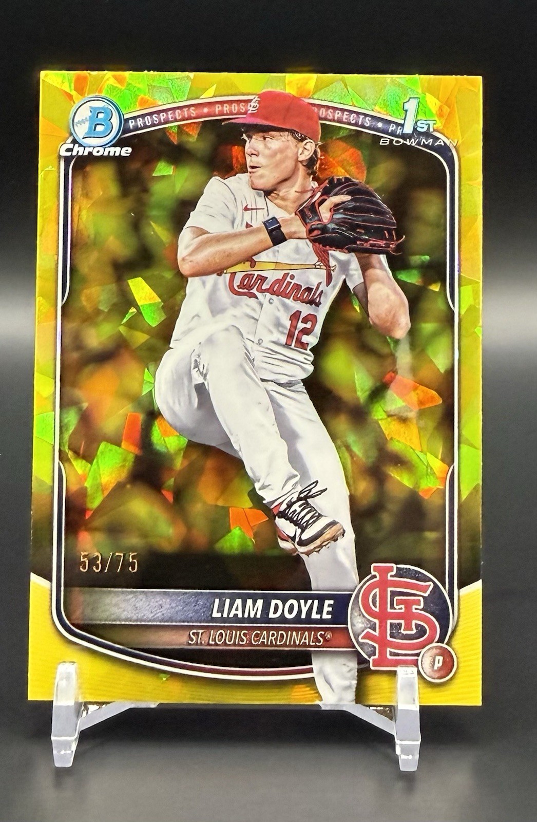 Liam Doyle 2025 Bowman Draft Sapphire Chrome Yellow Refractor 1st #/75 Cardinals