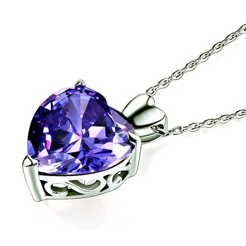 Sterling Silver Heart Pendant Necklace with 5 Carat Purple Created Diamond - Picture 4 of 8