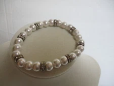 White Faux Pearl Beaded Stretch w Silvertone Spacer Accents Boho Bracelet