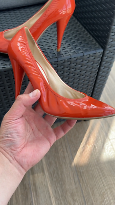 Prada Women's Heels Patent Leather Shoes Orange Made In Italy