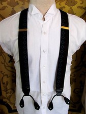 Mens Unique Black Suspenders Red and Blue Accent Gold Tone Hardware One Size
