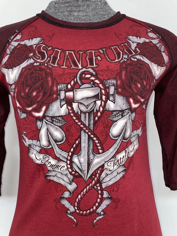 Camiseta para mujer Sinful by Affliction manga 3/4 mediana mujer rosa ancla fatal Foto 4 de 4