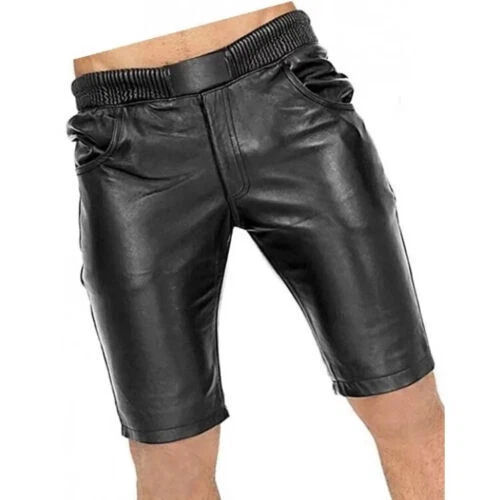 New Men's Black Leather Shorts Pant 100% Soft Lambskin Elastic Waist Short Pant