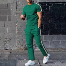 Mens 2 Piece Set Casual Outfits Short Sleeve Shirt Pants Athletic Sweatsuit