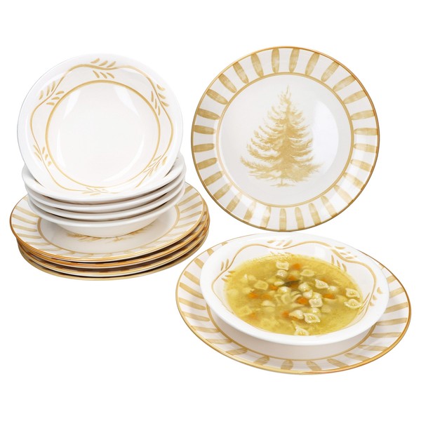 12Tlg Tafelservice Wald Ocker 6 Personen Essteller Suppenteller Weihnachten-image