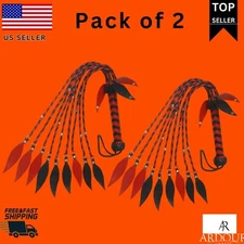 Pack of 2  Leather Floggers with Red Steel Studs, 9 Falls & Braided Leather Hand