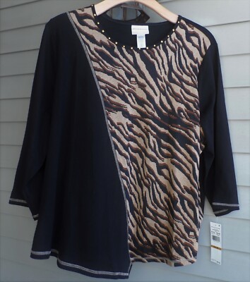 NWT ALFRED DUNNER STYLISH CLASSIC BLACK COOL PRINT BEAD TRIMS KNIT TOP $63 2X