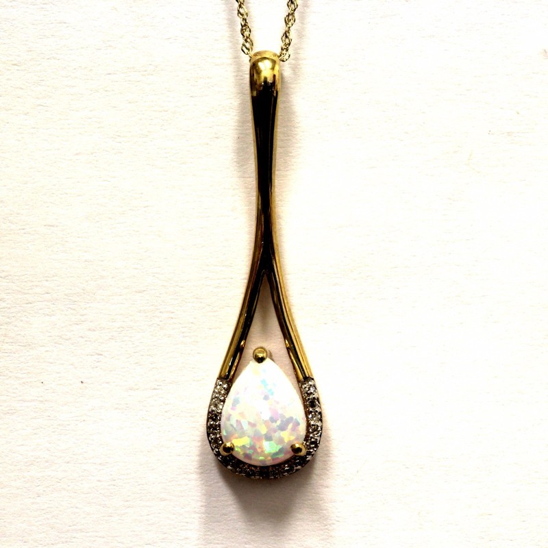 New 10k yellow gold necklace diamond created opal pendant 2.4g fashion womens