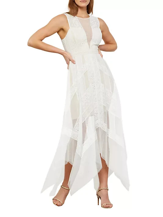 NWT BCBG MaxAzria Andi in Off White Nude Lace Handkerchief Hem