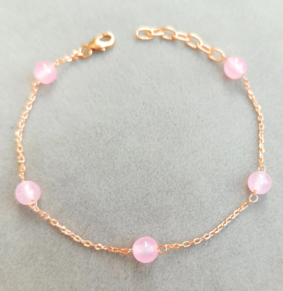 Brazalete chapado en oro rosa de plata de ley 925 con cuentas de piedra de cuarzo rosa natural Foto 3 de 4