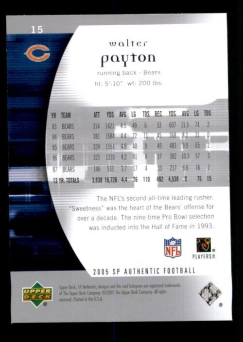 2005 SP Authentic #15 Walter Payton. - Image 2 of 2