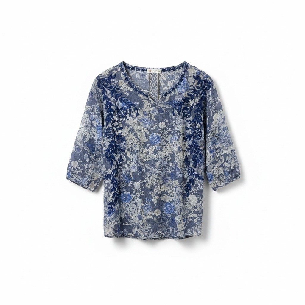 Johnny Was 3J Workshop Embroidered Tunic Top Womens XS Blue Boho Gauzy Hippie