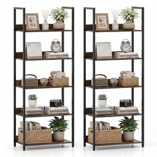 2Pcs 5-Tier Bookshelf, Tall Wooden Open Bookcase with Back Panels Metal Frame