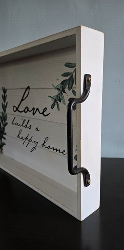 White Decorative Serving Tray "Love Builds A Happy Home" Wood / Metal Handles - Picture 5 of 7