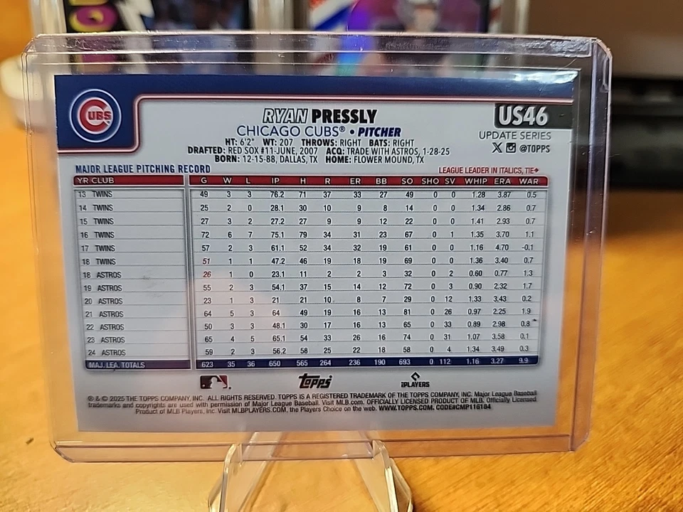 RYAN PRESSLY 2025 Topps Update HOLIDAY PARALLEL #US46 Chicago Cubs - Image 3 of 3