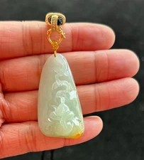 Icy Floating Yellow Zen/Enlightenment Jadeite Jade Pendant 18K Gold Buckle