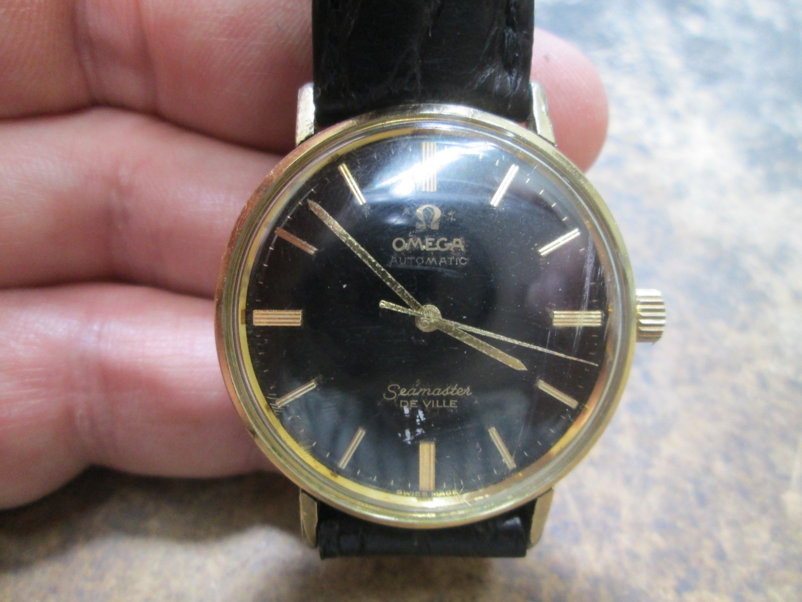 Omega Seamaster Deville Black Dial Mens Automatic Goldfilled Running Wristwatch