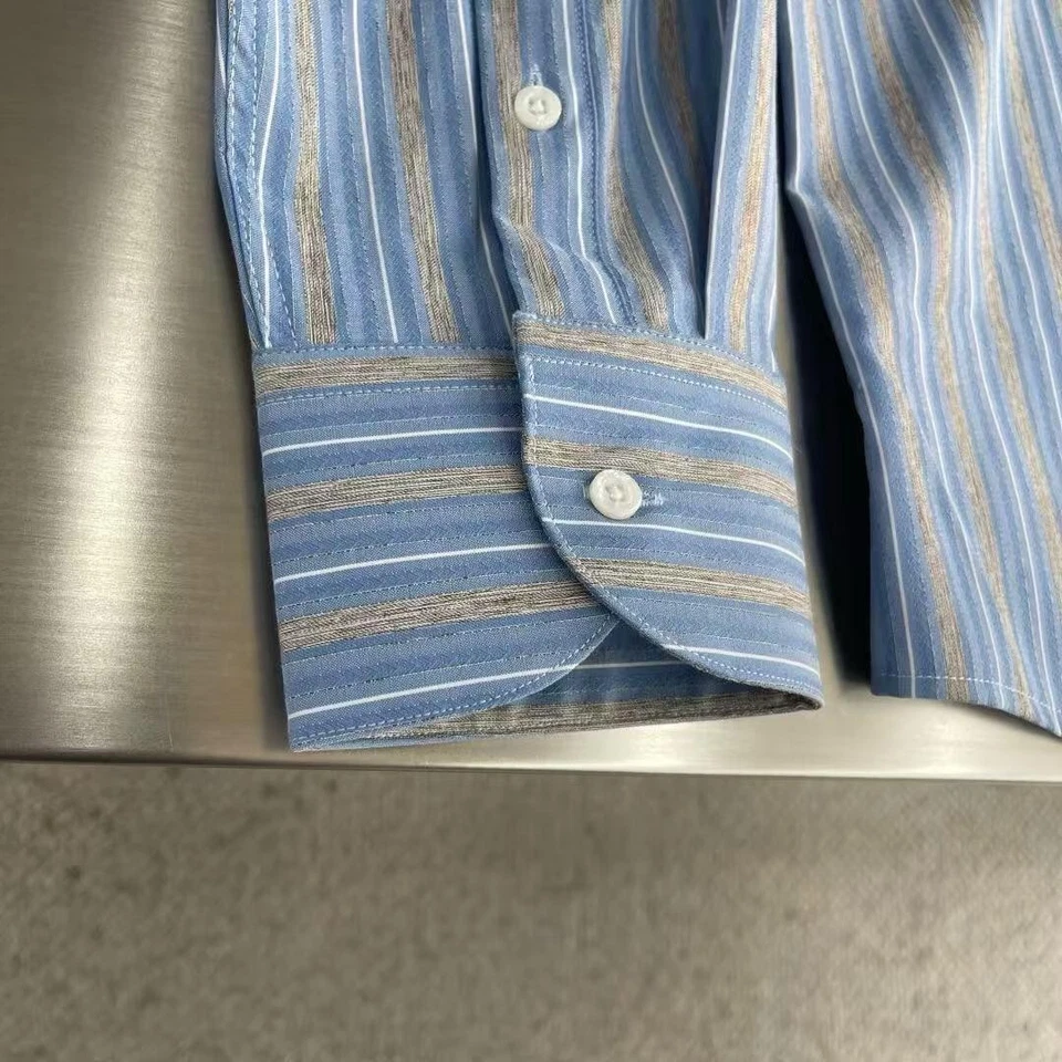 Camisa Brunello Cucinelli Para Hombre Informal Rayas Verticales Manga Larga Azul Foto 4 de 4