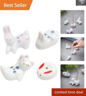 Cute White Rabbit & Cat Ceramic Incense Holders - 4Pc Set for Tranquil Spaces