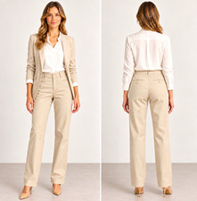 Ecru Women s Beige Solid Straight Leg Dress Pants Flat Front Pockets Size 2