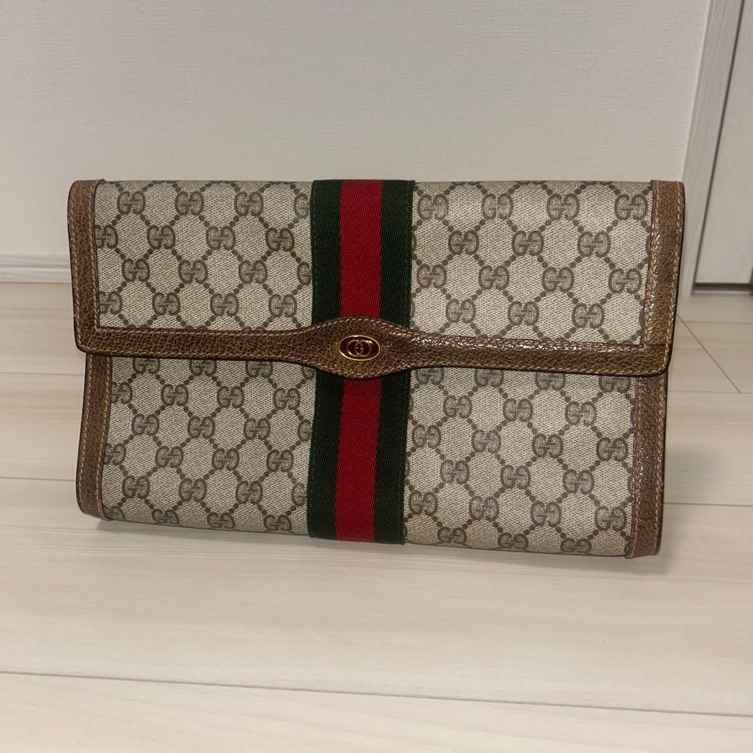 Vintage GUCCI GG Supreme Clutch Bag Web Stripe Interlocking G Beige Brown Japan