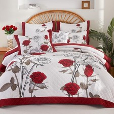 Quilt King Size Red Rose Bedding Set Floral Bedspread Lightweight Reversible Bed