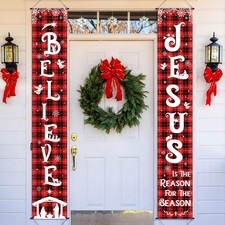 Christmas Front Porch Banners Winter Religious Nativity Scene Sign Holiday Ha...