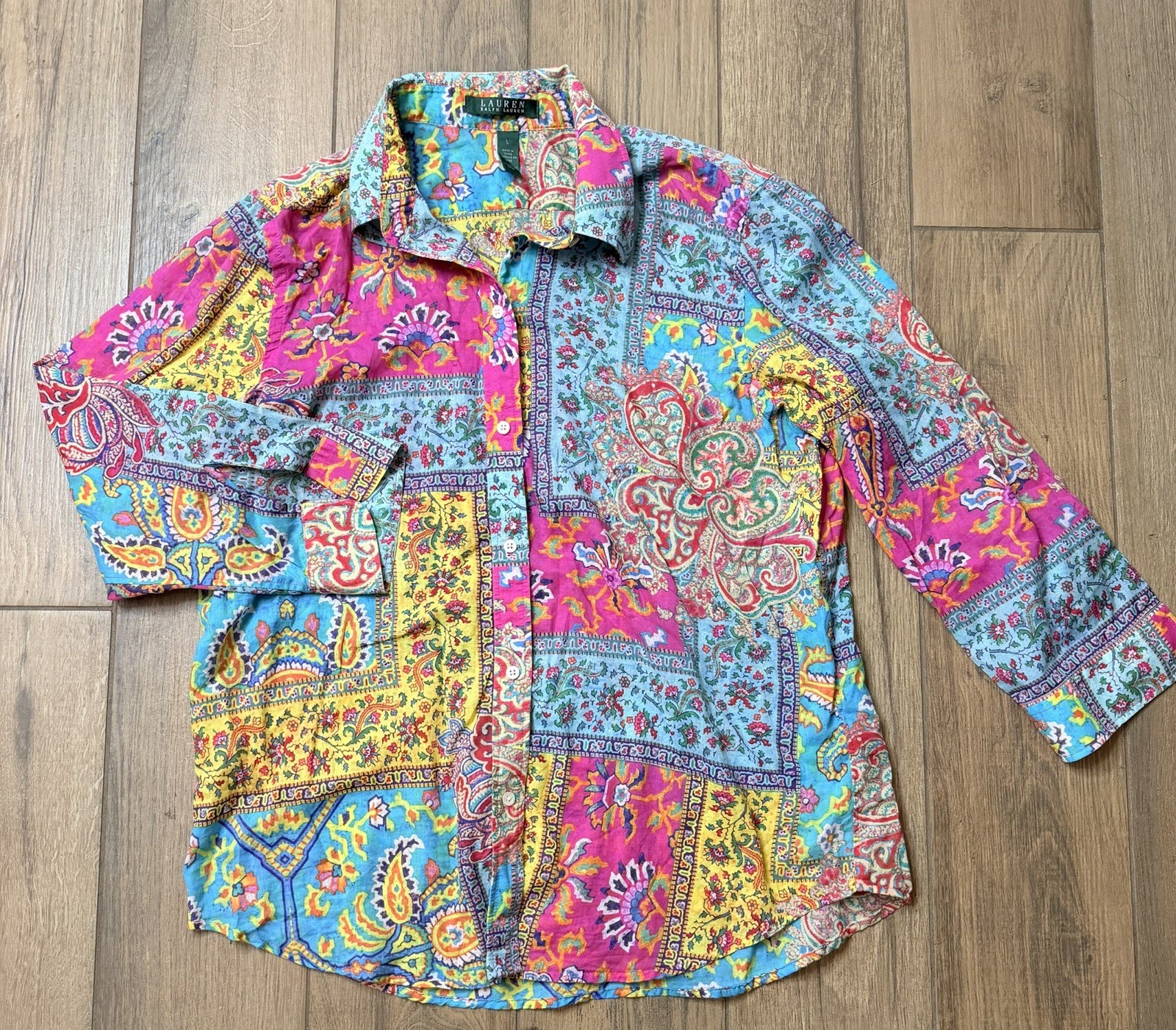 Polo Ralph Lauren Patchwork Paisley Shirt Women Large Colorful Boho Button Up