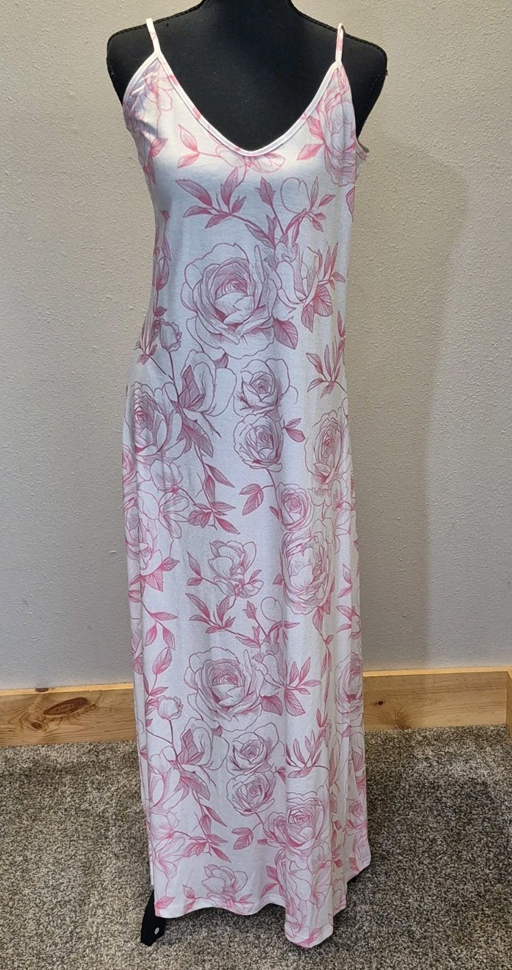 Women's Small White Pink Floral Maxi Dress Spaghetti Strap V Neck NWOT