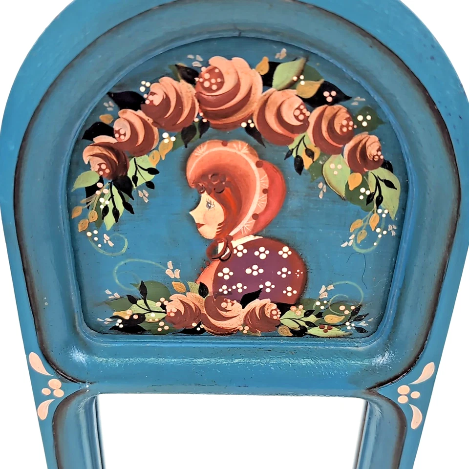Espejo arte popular escandinavo noruego roselado 13" azul floral pintado a mano Foto 3 de 4