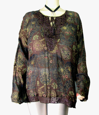 Venezia~Artsy Boho Browns Paisley Print Tunic Size 14/16 Drawstring Split Neck