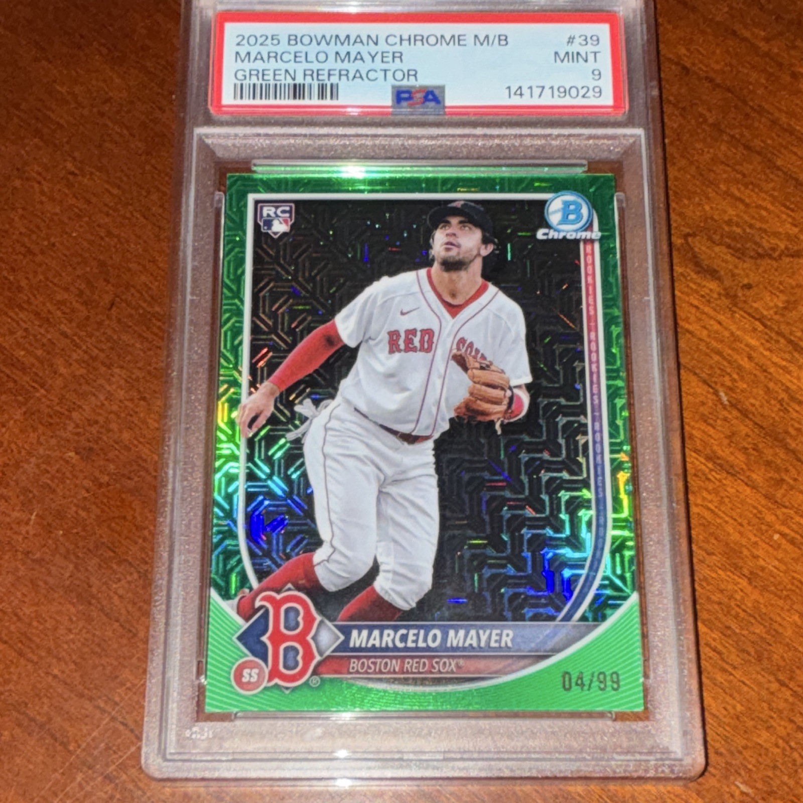 Topps 2025 Bowman Chrome Marcelo Mayer Red Sox RC Green Mojo /99 #39 PSA 9
