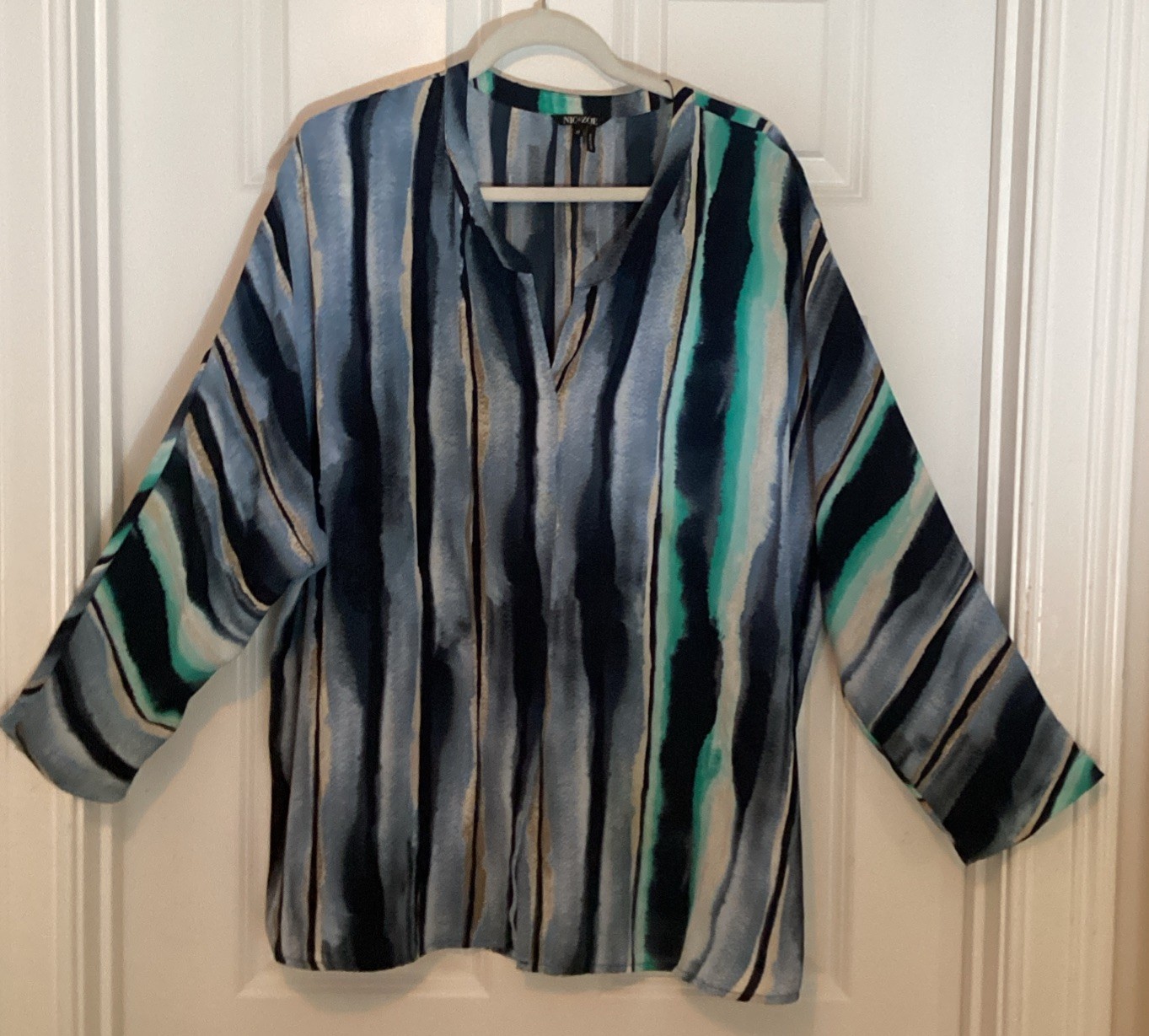 Nic + Zoe Plus Size 1X Blouse, Blue Multicolor Striped, 3/4 Sleeves