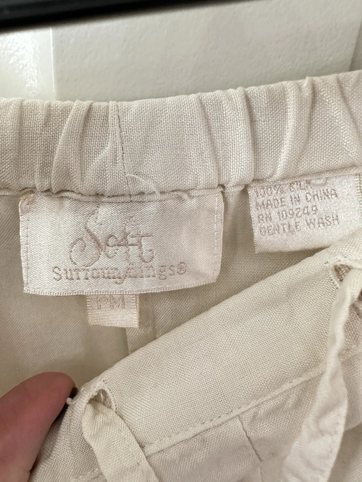 Soft Surroundings Light Cream Silk Pants Washable casual Elastic Drawstring sz M - Image 3 of 4