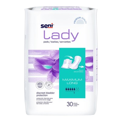 Seni Lady Maximum Female Incontinent Pad Long Length 11'' L S-5P30-PS1 45 30 Ct