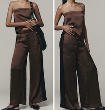 NWT Anthropologie Lace Panels Textured Satin Wide-Leg Pants Top Set, Size XXS