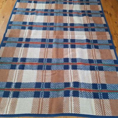 Biederlack Vintage Lodge Plaid Throw Blanket 78 x 56  Made USA Blue Brown Tan 