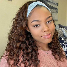 Headband Wig Human Hair 14 Inch Curly Wigs for Black Women Chocolate Brown