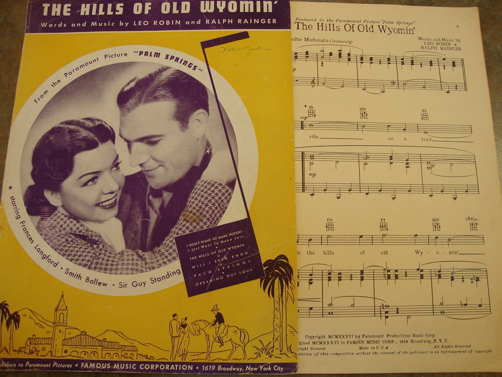 The Hills Of Old Wyomin'g Words & Music Piano Sheet Music 1936