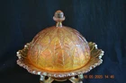 Fenton carnival glass Leaf Tiers covered butter dish---marigold