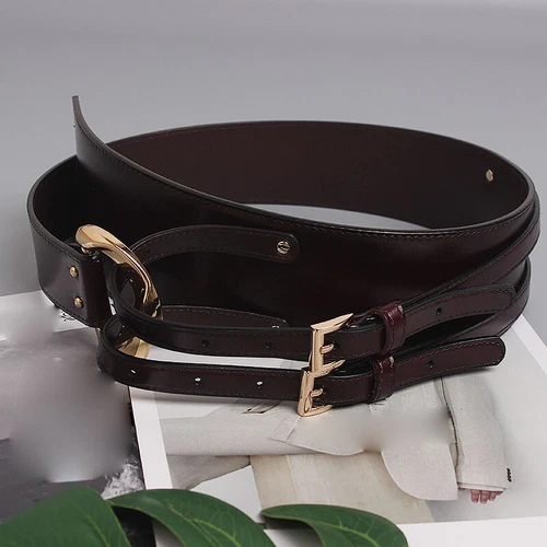 Cinturón corsé de cuero de vaca para mujer con hebilla de doble punta cintura ancha decorativo - Imagen 8 de 27