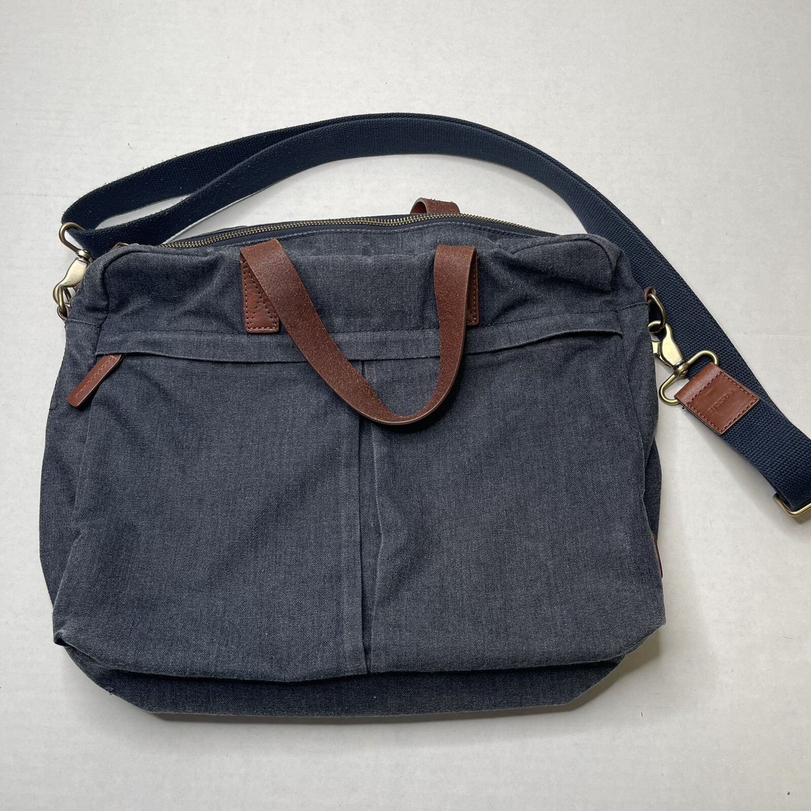 Fossil Crossbody Messenger Shoulder Canvas Purse Bag Blue Leather Trim