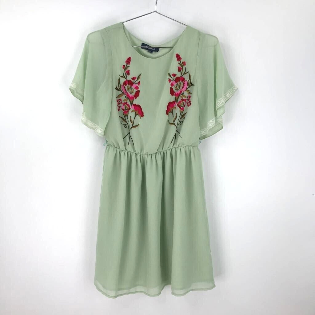 Modcloth Womens Emulate Ethereal Blouson Dress Green Maroon Floral Embroidered S