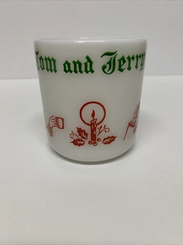 Vintage Tom & Jerry Egg Nog Christmas Milk Glass Mug Hazel Atlas Squared Handle