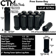 32x Black 2 Tall 12-20 Spline Tuner Wheel Lug Nut Key Old Ram3500 F250f350
