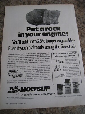 PUT A ROCK IN YOUR ENGINE MOLYSLIP ADDS LIFE HALFORDS 1971 ADVERT A4 SIZE FILE L