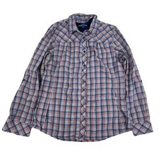 Eddie Bauer Sz M Vented Button Up Shirt Blue Red Plaid Collared L/S Roll Tab